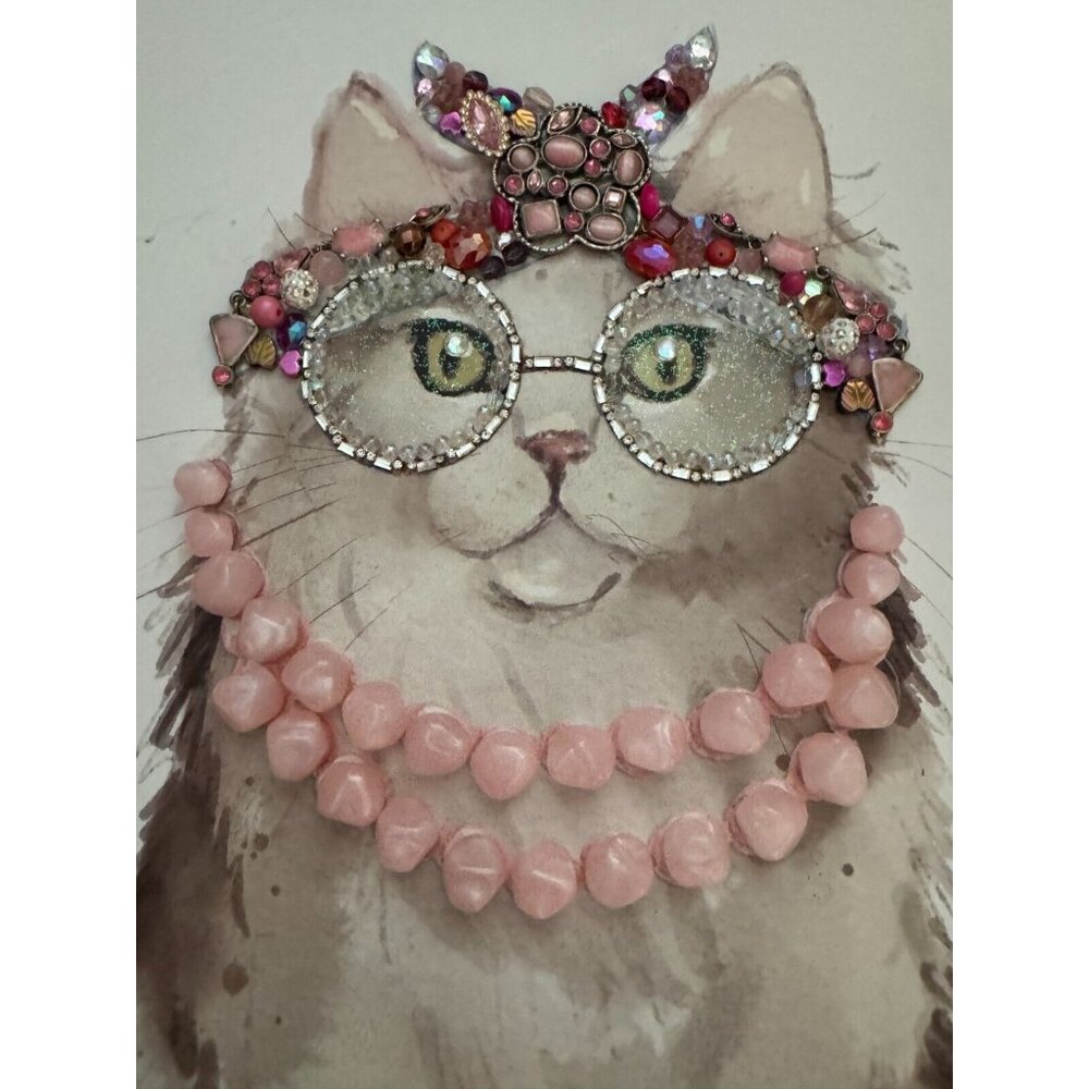 Framed Jewelry Art Cat With Pink Pearls &Embellished Glasses By Betty 13" X 16" - Picture 4 of 5
